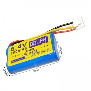 6.4V 700mAh HFC1650-2S锂铁电池 XHB2.54-4P正向公头